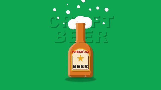 Flat Animation of Generic Craft Beer Bottle Popping Open with White Foam on Green Background