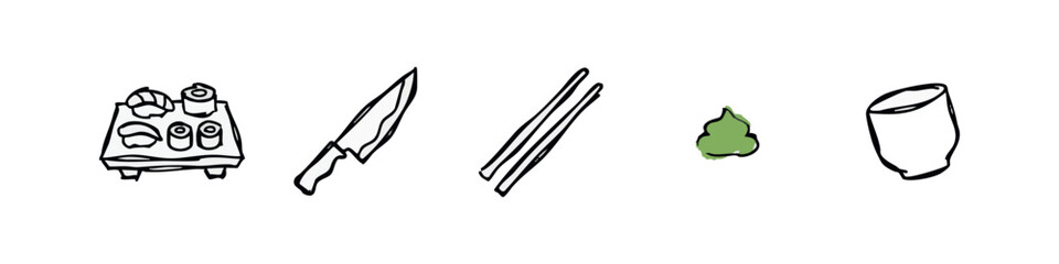 Hand Drawn Sushi and Japanese Food Icons Set with Knife and Chopsticks © liubomir118809