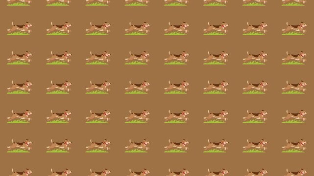 Seamless running cartoon dogs pattern on brown background flat playful pet illustration side view repeating design