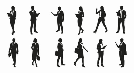 Fototapeta premium silhouettes of business people in suits standing and holding documents for corporate presentation
