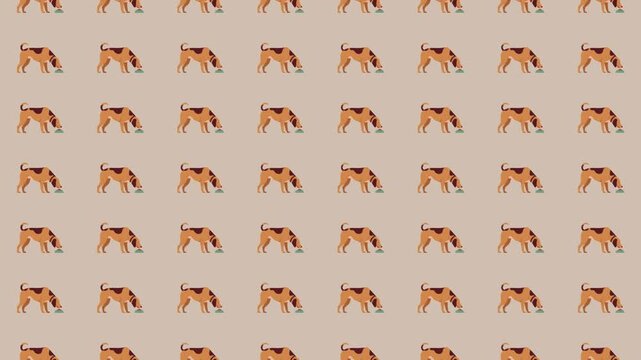 Repeating hound dogs eating from bowls pattern beige background flat minimalist cartoon pet feeding concept design