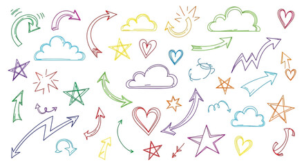 Obraz premium hand drawn doodles sketch elements arrow icons colorful cloud shapes stars and hearts create a playful design pattern on white.