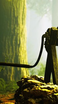 A metal pipe rests on a wooden post in a dense forest. Sunlight filters through the trees, casting shadows on the ground. Green plants grow around the stone base of the structure.