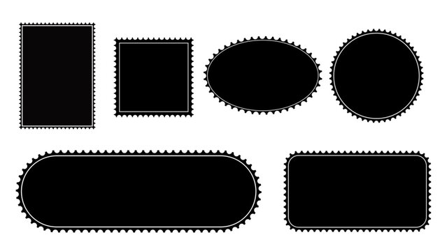 A graphic illustration of various black postage stamp shapes with perforated edges and white borders