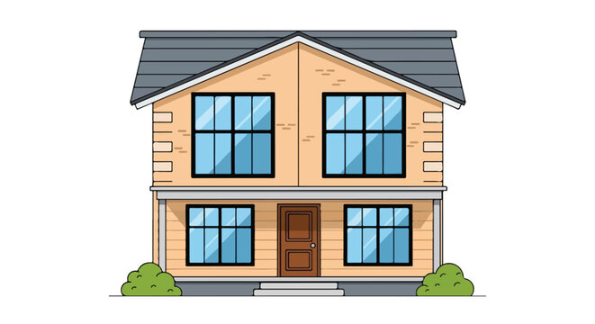 Modern Two Story Suburban House Exterior Vector Illustration with Large Windows and Brown Door