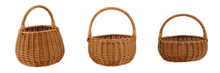 Obraz premium Three woven leather handbags with tan handles arranged side by side brown woven handbags tan leather handles