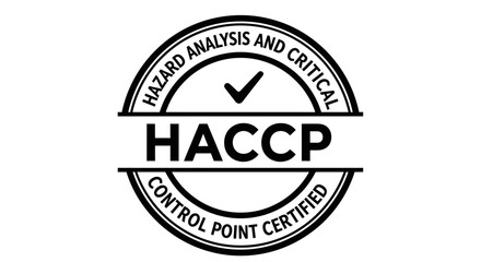 Obraz premium HACCP certified stamp logo. Hazard Analysis and Critical Control Point certification seal for food safety management system. Minimalist black and white vector badge with checkmark icon.