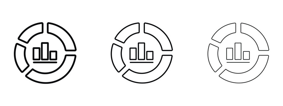 Minimalist data visualization icons, set of 3 circular donut charts with bar graph centers, black line art business analytics symbols for reports
