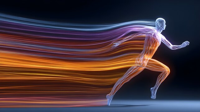 Abstract fitness and wellbeing background with flowing energy lines and human motion form 