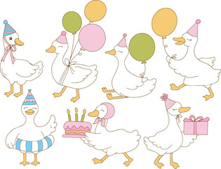 Cute Hand-Drawn White Goose Birthday Party Character Set © Chotirat