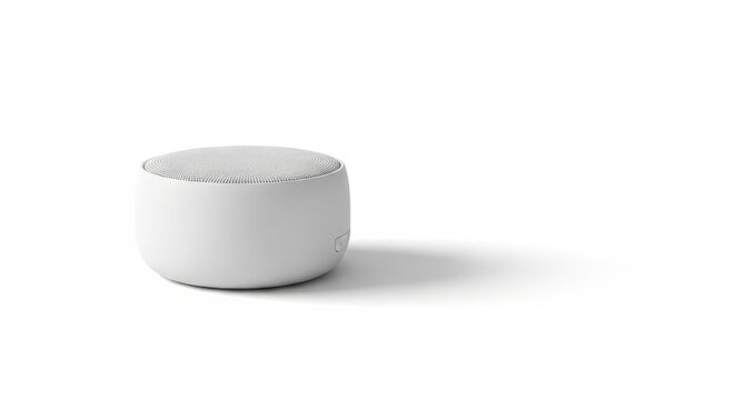 A sleek, minimalist white smart speaker with a circular design and mesh top surface sits isolated against a clean white background, creating a modern aesthetic for contemporary home audio technology.