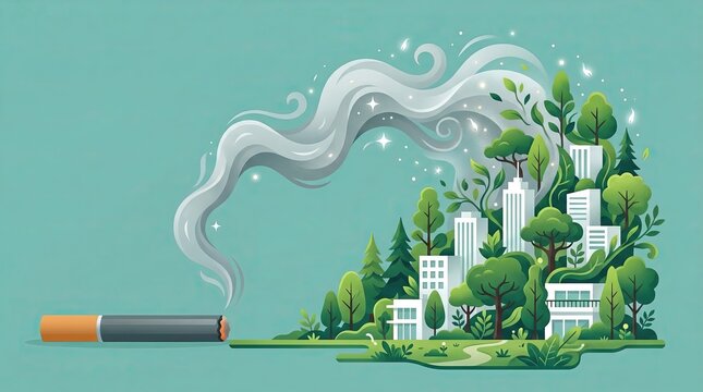 Conceptual environmental illustration of cigarette smoke damaging a green city, pollution impact on urban nature and sustainable forest ecosystem