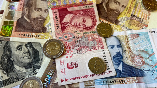 Bulgarian Lev Banknotes With Coins And US Dollar Close Up International Currency Exchange And Global Finance Concept