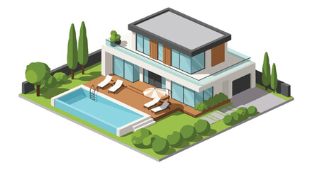 Fototapeta premium Modern Isometric Luxury Villa House with Swimming Pool and Garden Landscape Illustration