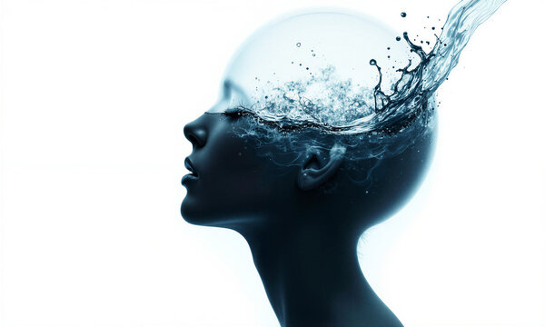Water splash catharsis depicts emotional release using a conceptual profile of a glass human head vessel with copy space