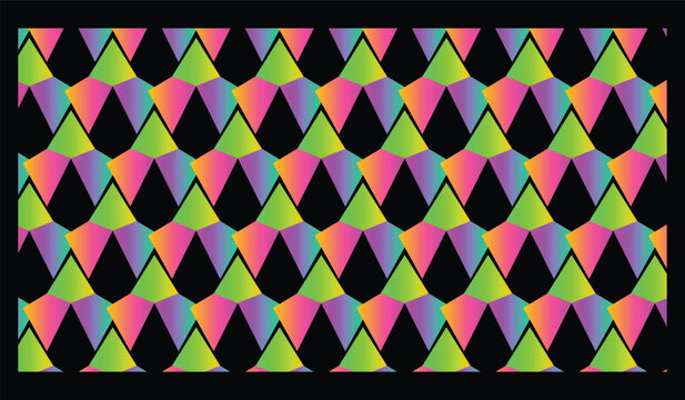 Seamless abstract geometric triangle pattern with vibrant neon gradient colors modern repeating background for textile wallpaper wrapping paper design.