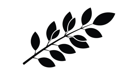 A simple depiction of a leafy branch with several oval shaped leaves presented as a striking silhouette high quality © Komla02