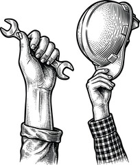 Fototapeta premium Worker hands holding wrench and hard hat safety helmet in etch style.