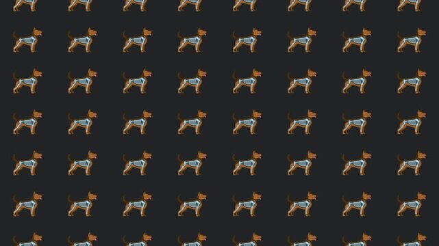 Seamless standing cartoon dogs pattern on dark gray background minimalist flat pet illustration repeating design