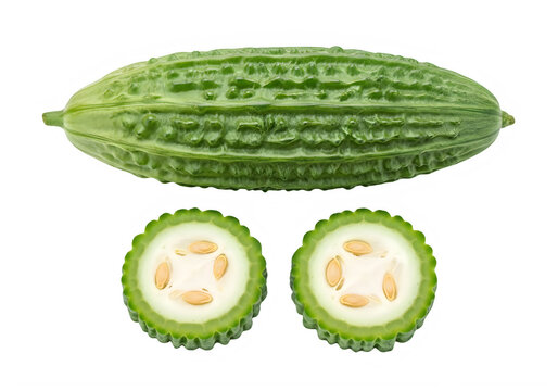 Bitter melon slices and whole fruit on white background for culinary use transparent background