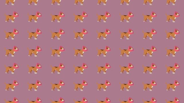 Seamless cartoon dogs with cone collar pattern mauve background flat veterinary pet care playful design