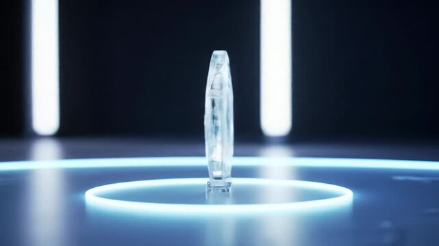 A mesmerizing, sleek, translucent circular data hub with flowing abstract digital light patterns spins on a pristine, reflective surface in an ultra-modern digital environment, captured with a smooth