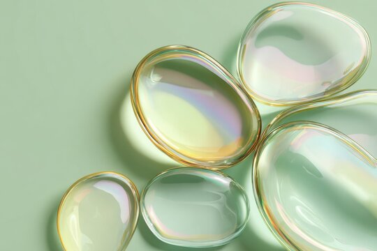 transparent glass abstract shapes with smooth organic forms and glossy reflections for modern background and design. liquid style composition with green tones and elegant minimal aesthetic