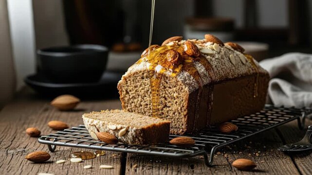 Freshly baked loaf drizzled with syrup and almonds on wooden surface