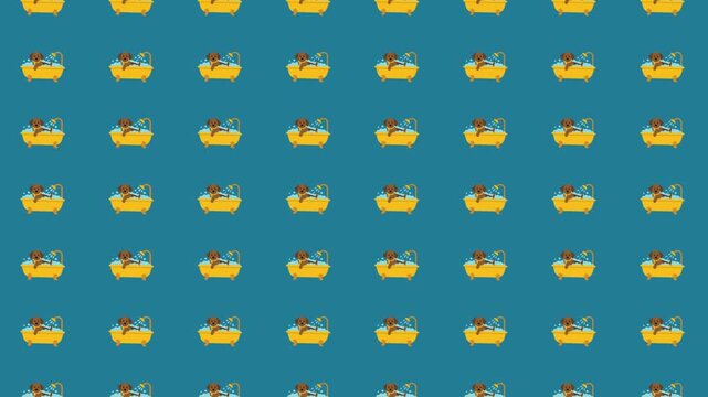 Seamless cartoon dogs in bathtubs pattern teal background flat playful pet grooming illustration repeating design