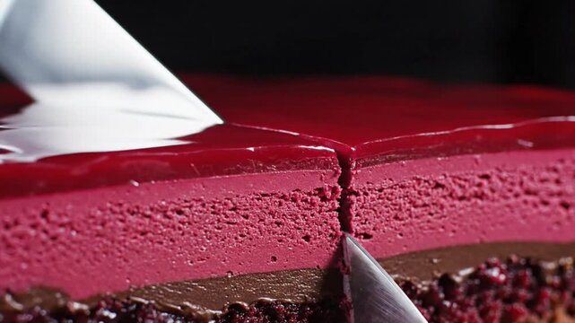 Knife cutting into a beautifully layered raspberry dessert with red glaze and chocolate components, close-up shot