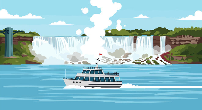Niagara Falls Landmark Vector Illustration with Tourist Boat and Observation Tower