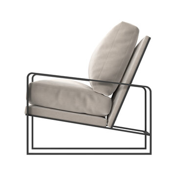 Modern Armchair with Black Metal Frame and Beige Fabric Cushion Side View Isolated on White Background 3D Render