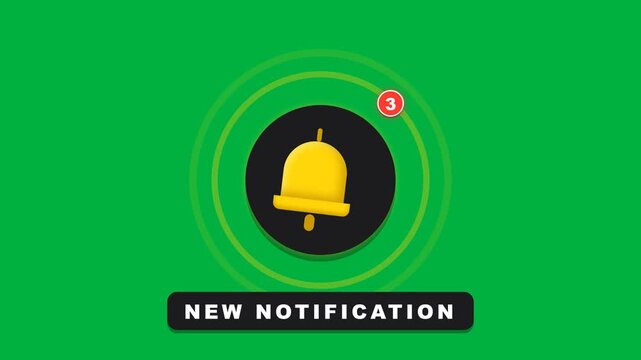 Yellow Bell Notification Icon Animation with New Message Alert on Green Screen Background for Digital Media and App Marketing