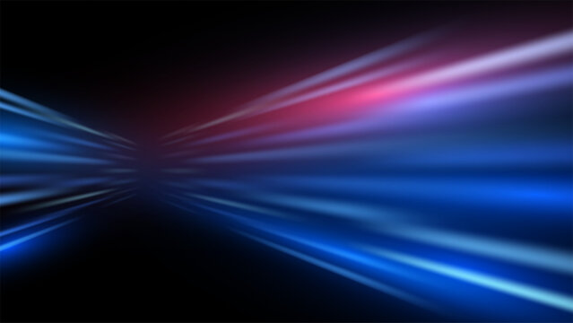 Abstract motion blur with neon blue and red light streaks on dark background for futuristic high speed technology and energy