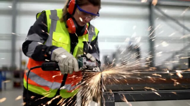 highly skilled technician in modern safety gear precisely cuts a steel beam with an angle grinder, generating bright golden sparks against a clean, blurred industrial factory background with strong