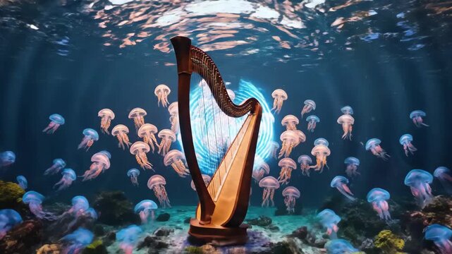 Transparent string instrument and harp underwater with glowing lights and swimming jellyfish.