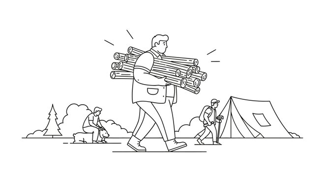 Man Carrying Firewood for Camping Adventure in the Wilderness.