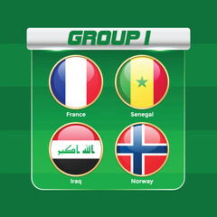 Obraz premium 2026 World Football Tournament Group I Draw Infographic with National Teams Flags and International Soccer Championship Table Template. France, Senegal, Iraq, Norway