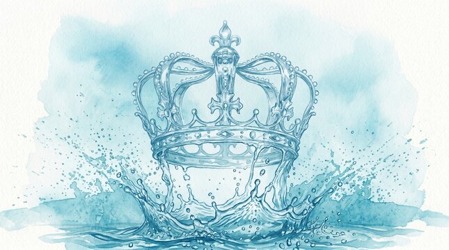 Elegant watercolor crown illustration, a regal water splash design, majestic aqua blue liquid crown, symbolic royalty and purity artwork for branding.
