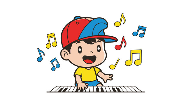 Boy Playing Piano Keyboard with Music.