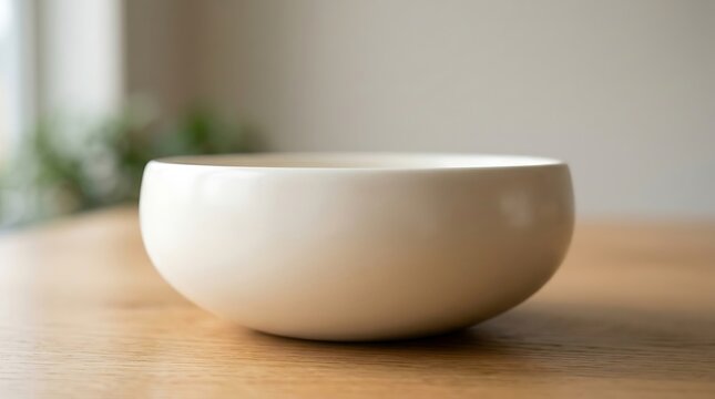 A white bowl sitting on a wooden table