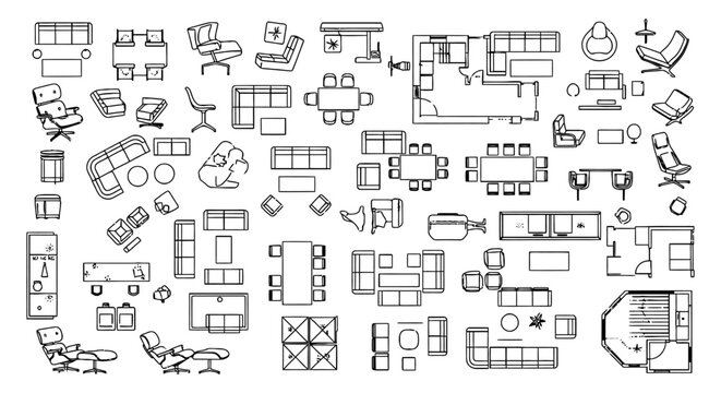 a collection of top view architectural furniture symbols for diverse interior design floor plan layouts perfect as graphic resources for space planning.