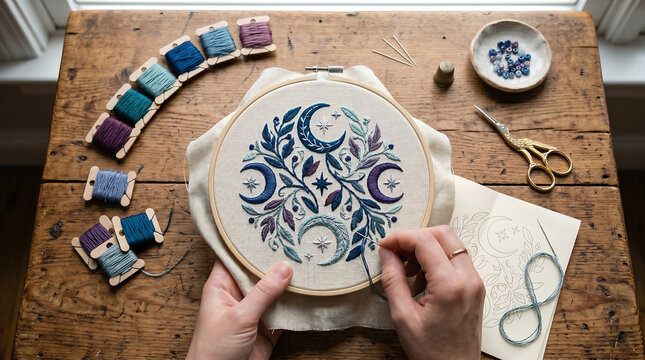 hands embroidering a celestial moon and floral design in a hoop with embroidery supplies and thread spools on a wooden table for creative craft hobby background