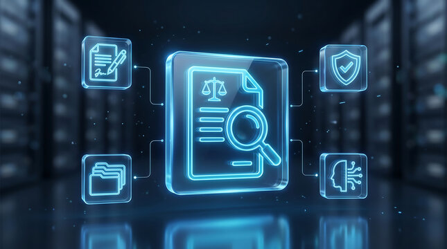 futuristic legal technology concept featuring digital compliance audit document with scale and magnifying glass icons in a secure server room environment