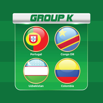 2026 World Football Tournament Group K Draw Infographic with National Teams Flags and   International Soccer Championship Table Template. Portugal, Congo DR, Uzbekistan, Colombia