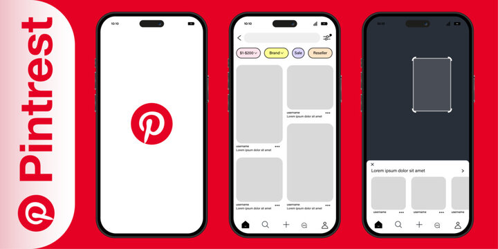 Professional Pinterest app mockup banner featuring multiple smartphone screens, search filters, grid layouts, and official branding for social media marketing and UI design project showcases.