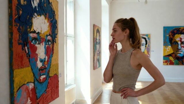Young woman contemplatively gazes at vibrant portrait artwork