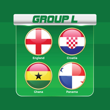 2026 World Football Tournament Group L Draw Infographic with National Teams Flags and   International Soccer Championship Table Template. England, Croatia, Ghana, Panama