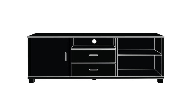 A black silhouette of a modern tv stand with drawers cabinets and open shelving high quality professional detailed