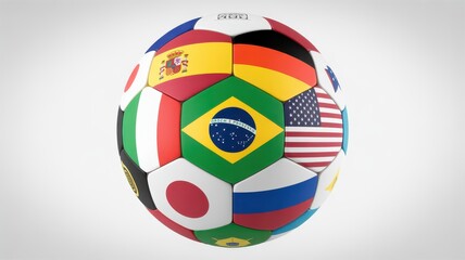 Obraz premium Soccer ball featuring various national flags on its panels isolated on white background